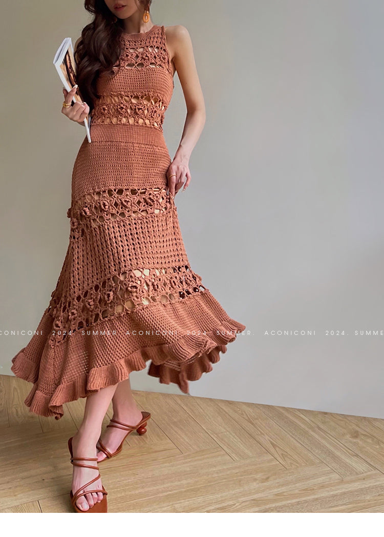 Aconiconi Elegant Brown Sleeveless 100% cotton Crochet Knitted Long midi Dress - Alice Dream