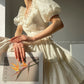 Aconiconi Luxury White U-Neck Puff Sleeves Tutu Short Skirt Top- Tangerine Rose