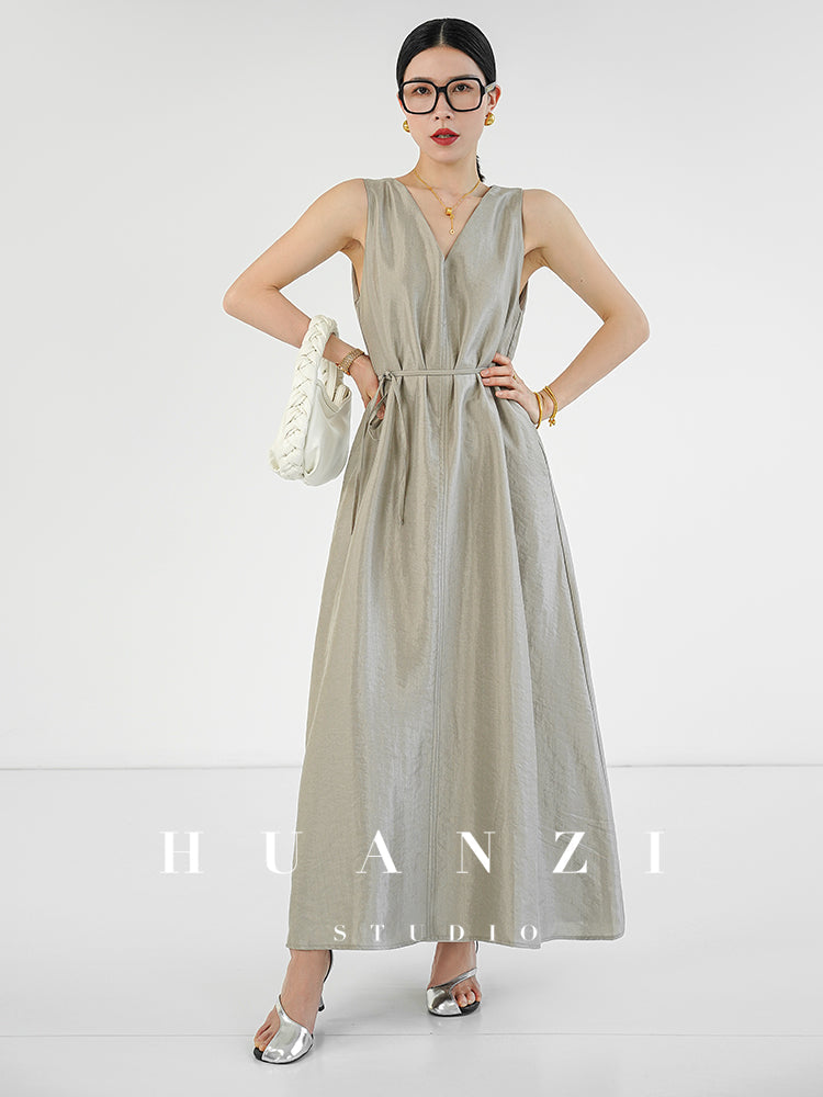 Huanzi custom high-end long sleeveless V-neck dress summer - Miel