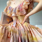 Aconiconi Elegant Oil Painting Square Collar Ruffle cocktail Dress- Floating Light Painting Summer