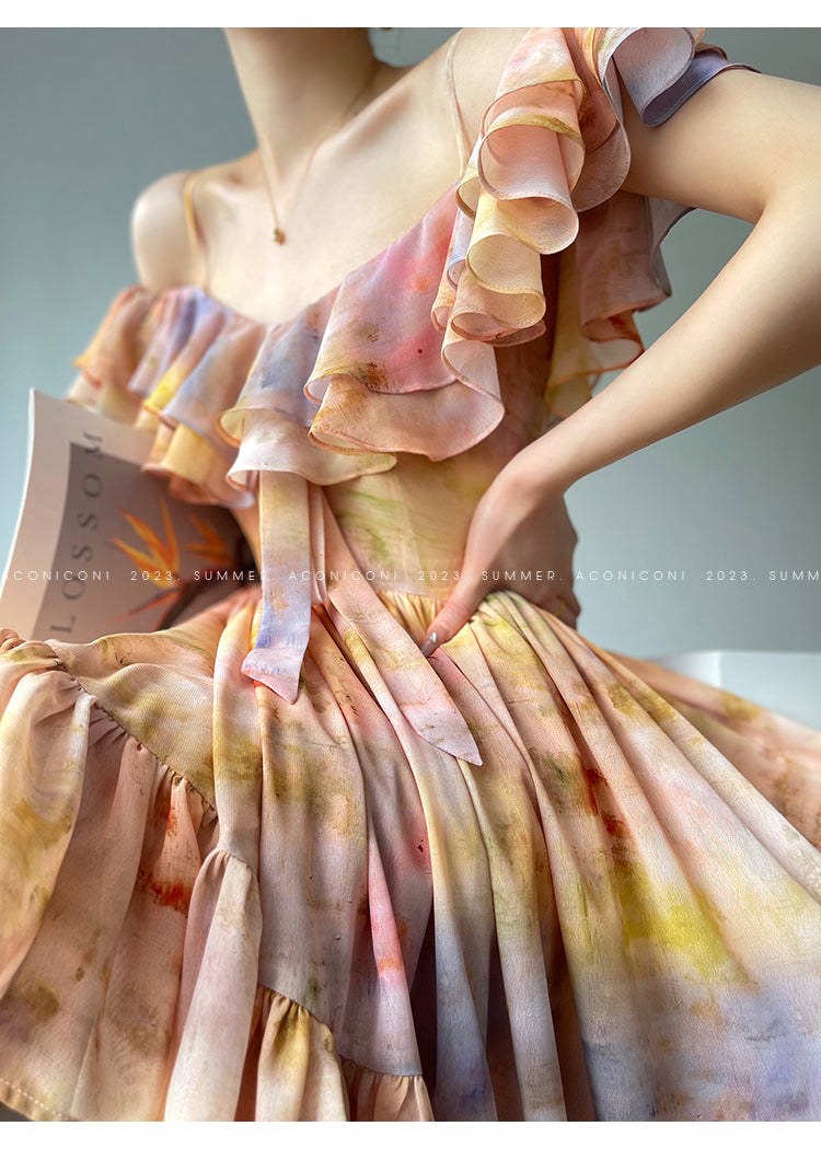 Aconiconi Elegant Oil Painting Square Collar Ruffle cocktail Dress- Floating Light Painting Summer