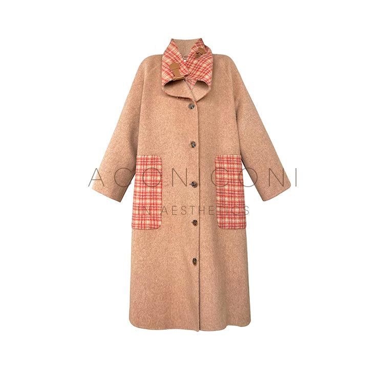 Aconiconi| All-Wool Double-Sided Plaid Checkered Long Coat Winter- Cardamom