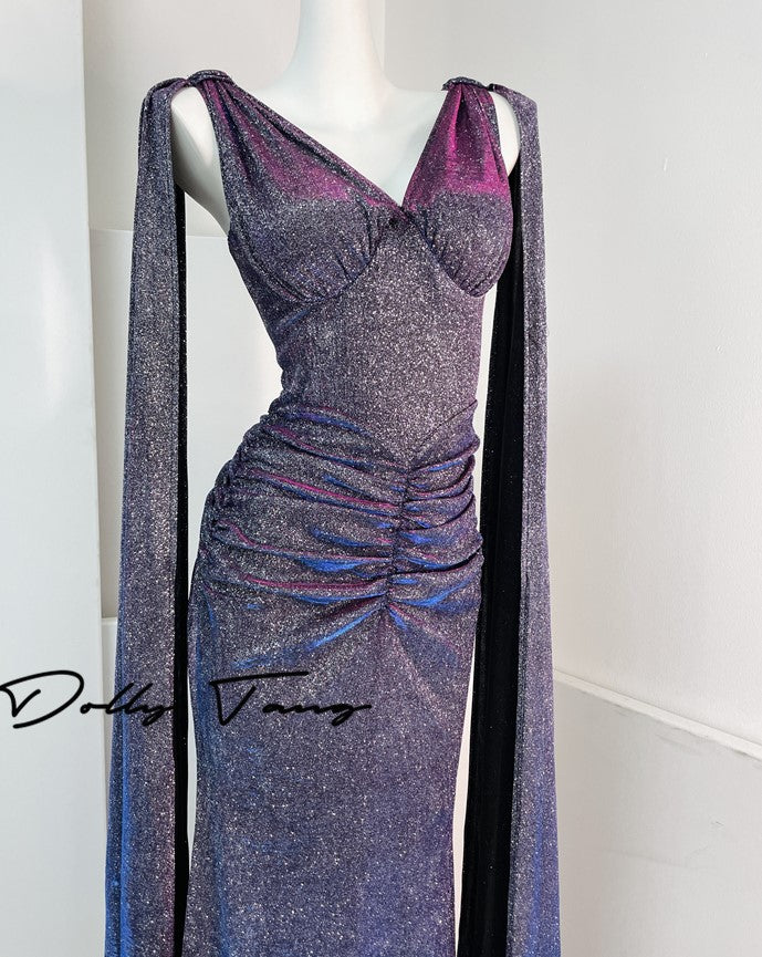 DOLLY Elegant Blue Gray Deep V-Neck Sleeveless Slim Fit Shawl Dinner Dress-KRISTI