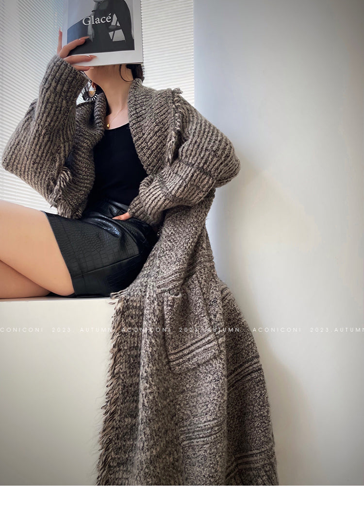 Aconiconi Boho Long Loose Knitted Sweater Tassel Jacket-Loose Tea Quinoa