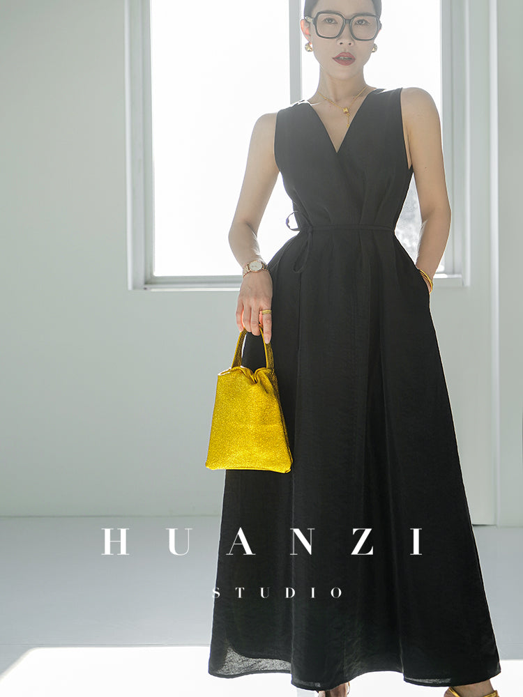 Huanzi custom high-end long sleeveless V-neck dress summer - Miel