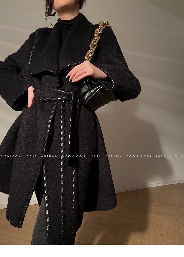 Aconiconi| Full wool coat classic double-sided wool woven belt coat -Nocturne
