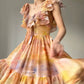 Aconiconi Elegant Oil Painting Square Collar Ruffle cocktail Dress- Floating Light Painting Summer