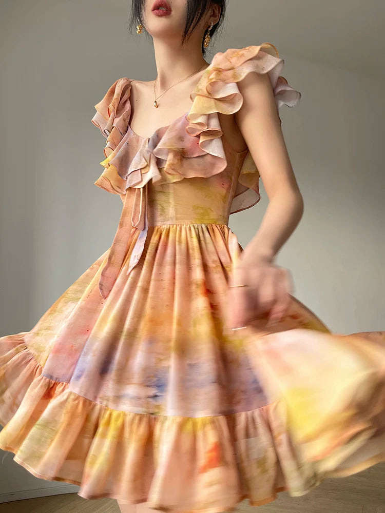 Aconiconi Elegant Oil Painting Square Collar Ruffle cocktail Dress- Floating Light Painting Summer