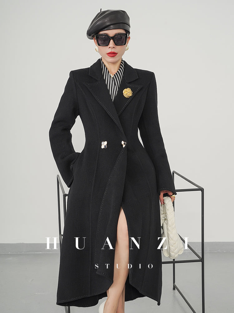 Huanzi double-sided cashmere women's black wool autumn winter coat - Muinw