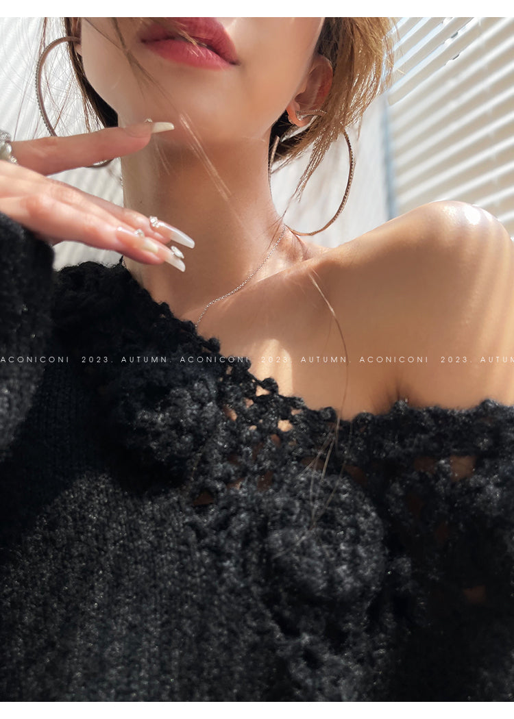 Aconiconi|Purple Flower Crochet openwork long cropped loose wool knit sweater  dress - Twilight