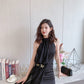 DOLLY Elegant Retro Style Black Sleeveless Halter Neck Long Chiffon Dress