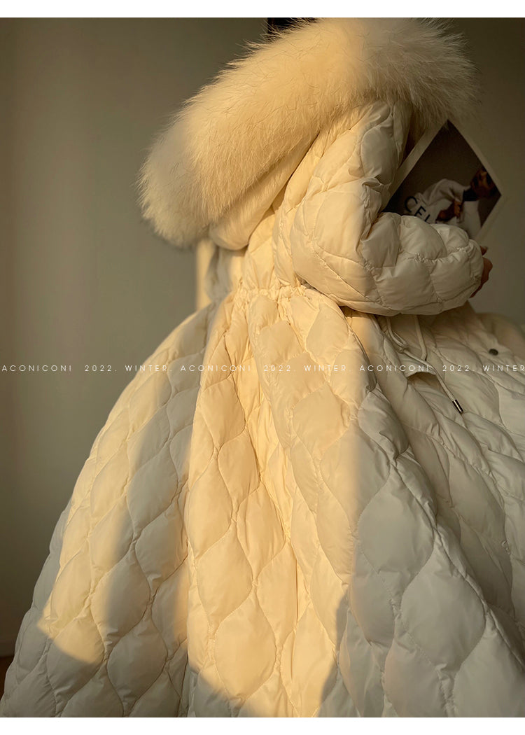 Aconiconi Elegant Duck Down Long Sleeve Hooded Long Fur Winter Coat -  He Xu Ling Hua