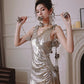 DOLLY Elegant Retro Sliver Gold Deep V-Neck Sleeveless Flower Long Cocktail Dress- Nisa