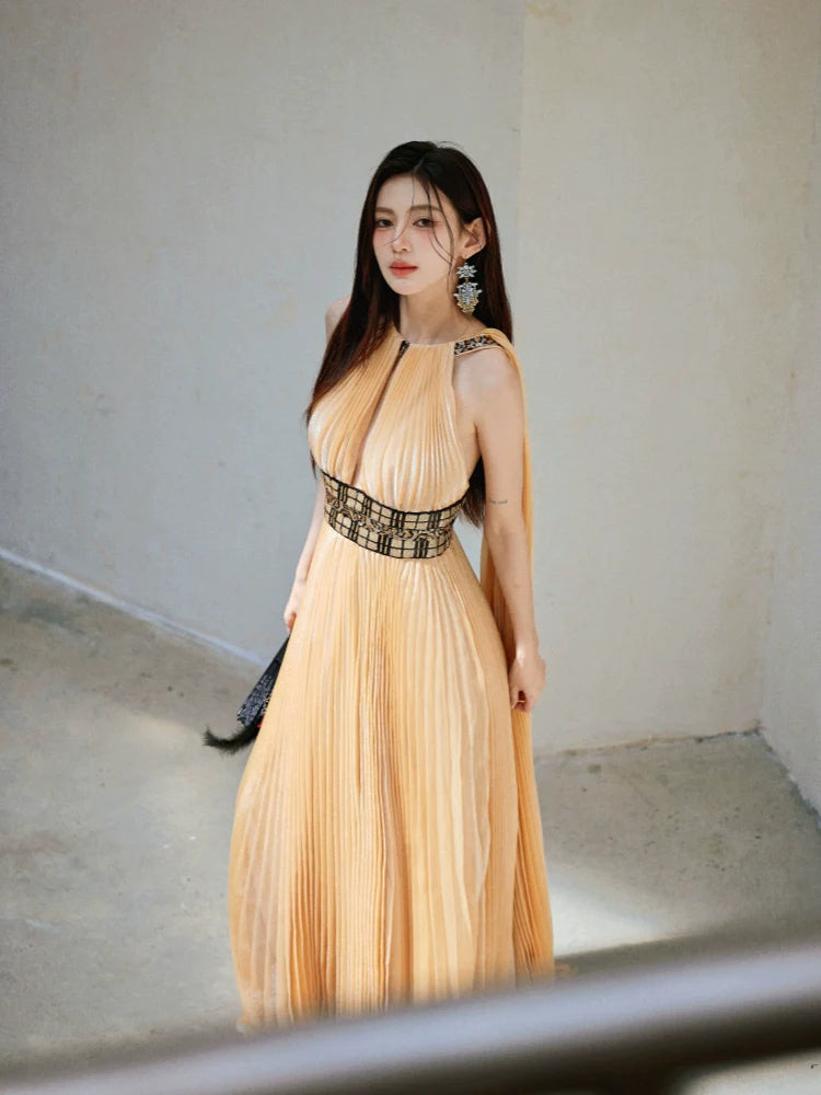 DOLLY High End Sleeveless Halter Shawl Long Pleated evening gown Dress-Linda