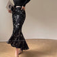 Aconiconi Elegant French Print Hip Hug Fishtail Long Chic Skirt- Miyu Tsukino