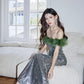 DOLLY Luxury Sliver Retro Style Green Feather Tube Top Long Glitter Party Dress-THEKLA