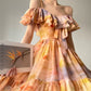 Aconiconi Elegant Oil Painting Square Collar Ruffle cocktail Dress- Floating Light Painting Summer