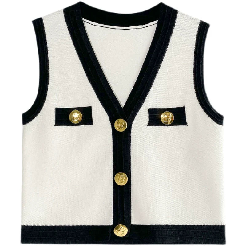 Huanzi custom V-neck knitting sleeveless blakc abd white top - Chiae