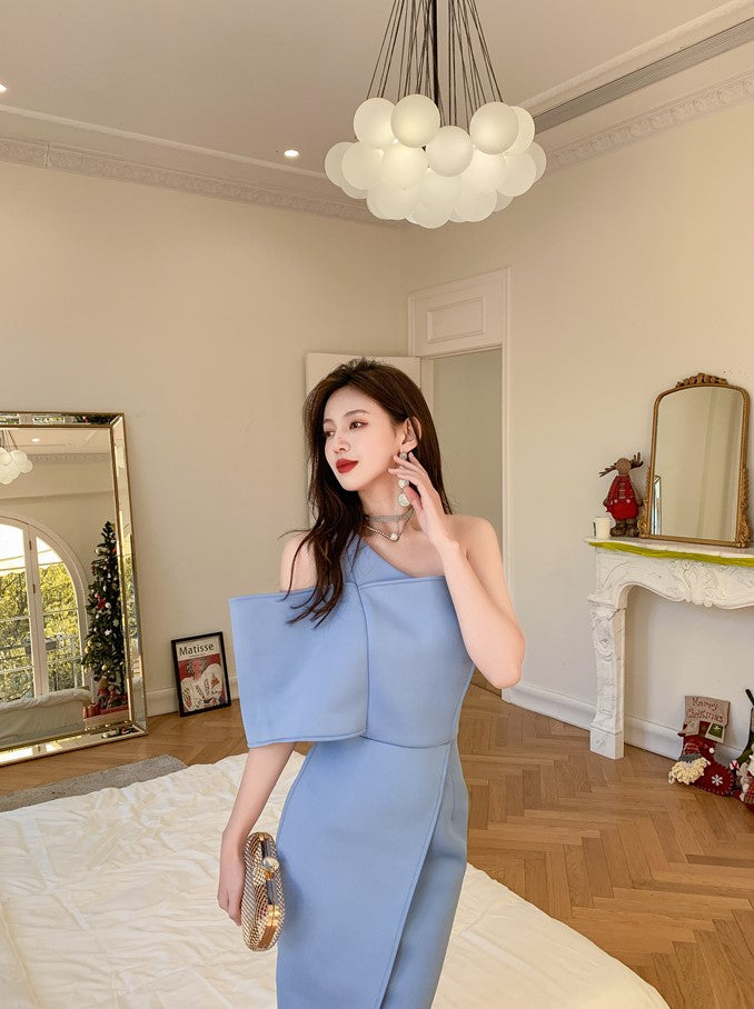 DOLLY Elegant Slant Collar One Shoulder High Waist Business Dinner Dress-BABE