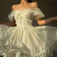 Aconiconi Luxury Off White floral print Puff Sleeve French cottaage bridal Dress- Yurui Chuning