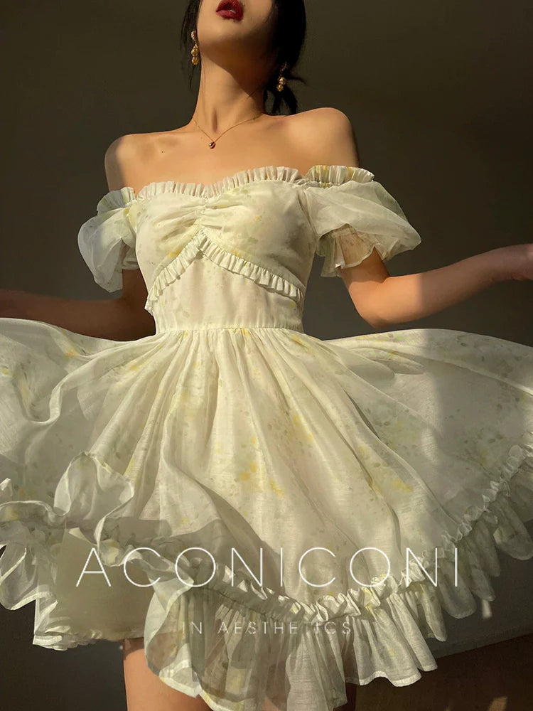 Aconiconi Luxury Off White floral print Puff Sleeve French cottaage bridal Dress- Yurui Chuning