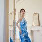 DOLLY Elegant Blue Sleeveless Printed Halter Neck Chiffon Long Resort Dress-HARRIET