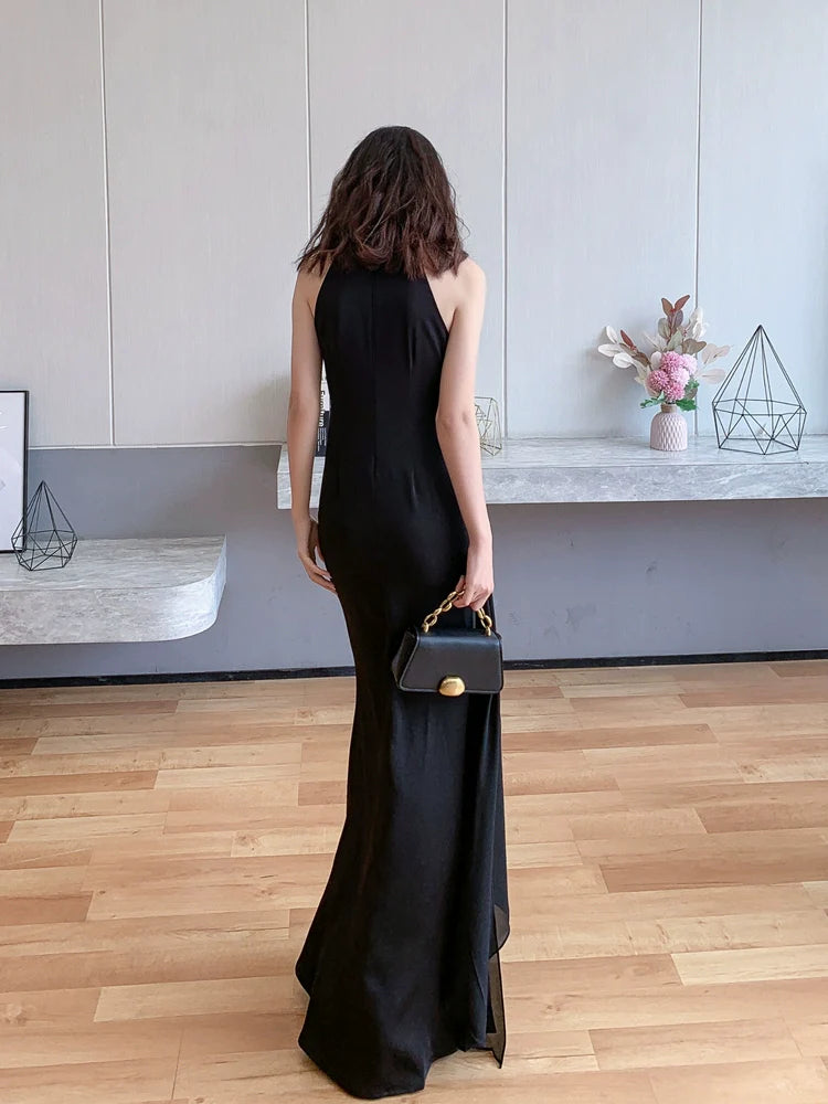 DOLLY Elegant Retro Style Black Sleeveless Halter Neck Long Chiffon Dress