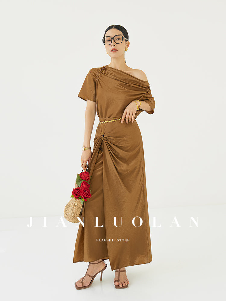 Huanzi custom pleated short-sleeved top + high-waisted heavy kneaded pleated shape split skirt suit