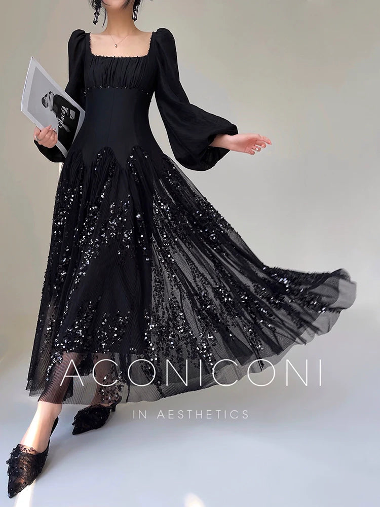 Aconiconi Luxury Black/Beige Long Sleeve Long bridal Sequin Dress- Moonlight Celebrity