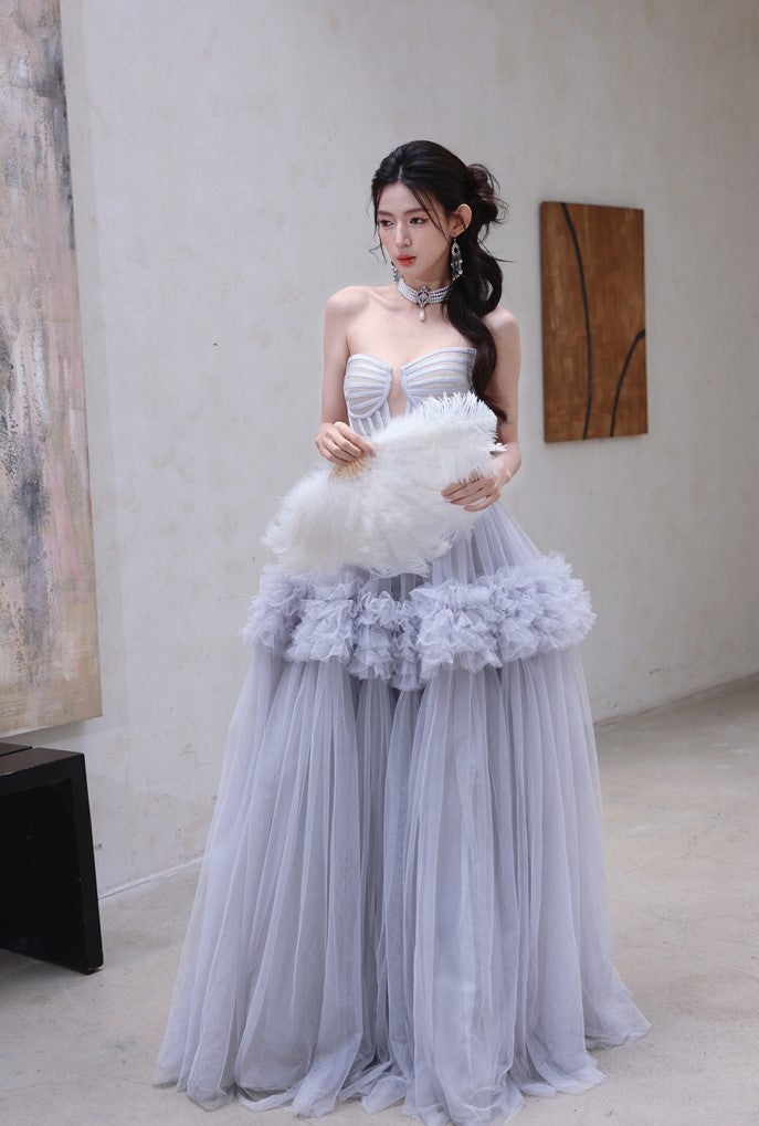 DOLLY Elegant Fog Blue strapless Bandeau High Waist Tutu wedding Dress- vero