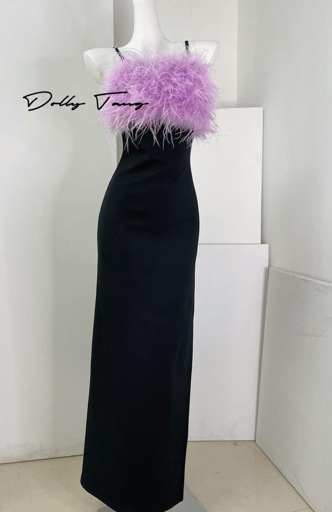 DOLLY Elegant Black Fluffy Feather backless Long Date Dress-JAS