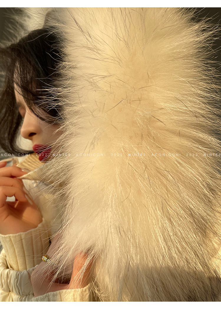 Aconiconi Elegant Duck Down Long Sleeve Hooded Long Fur Winter Coat -  He Xu Ling Hua