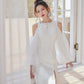 DOLLY Elegant White Retro Style Crew Neck Bubble Sleeves Long Slit Dress-RAIN