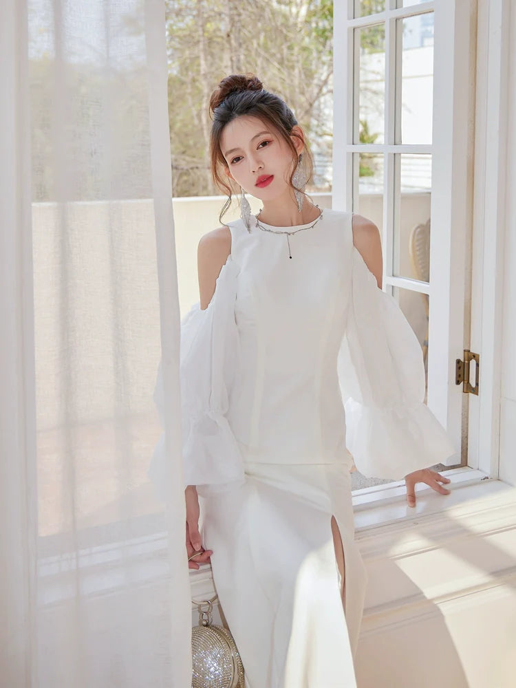 DOLLY Elegant White Retro Style Crew Neck Bubble Sleeves Long Slit Dress-RAIN