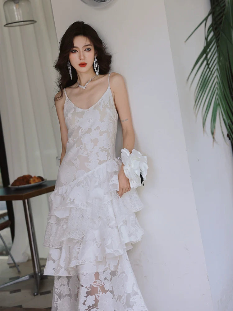 DOLLY Elegant White Flower Embroidery Lace Ruffle Layered Dinner Dress-DAISY  (V)