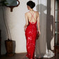 DOLLY Elegant Red French Sleeveless Sequin Backless Long Cocktail Dress-Quin