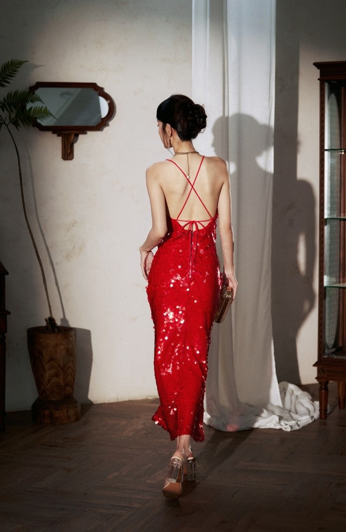 DOLLY Elegant Red French Sleeveless Sequin Backless Long Cocktail Dress-Quin