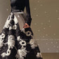 Aconiconi Elegant Black Retro Flower Embroidered High Waist Midi Skirt- Cedar Late Forest