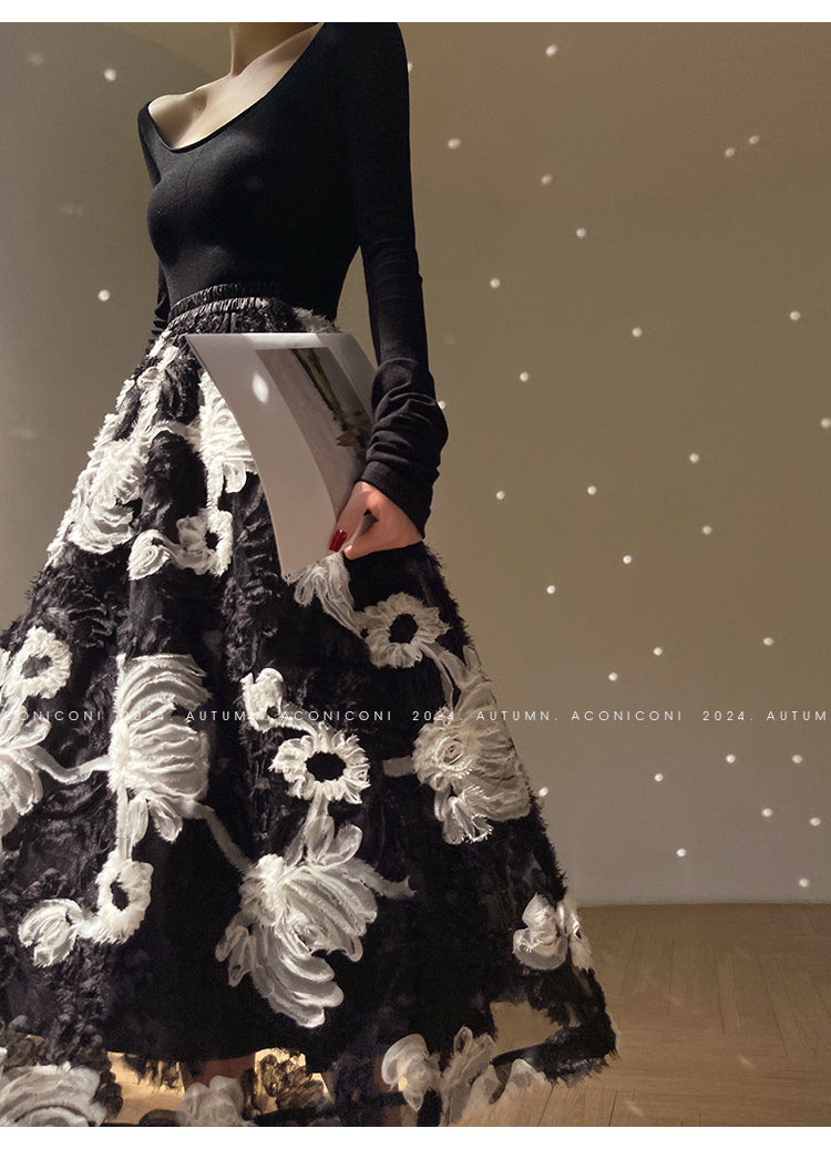 Aconiconi Elegant Black Retro Flower Embroidered High Waist Midi Skirt- Cedar Late Forest