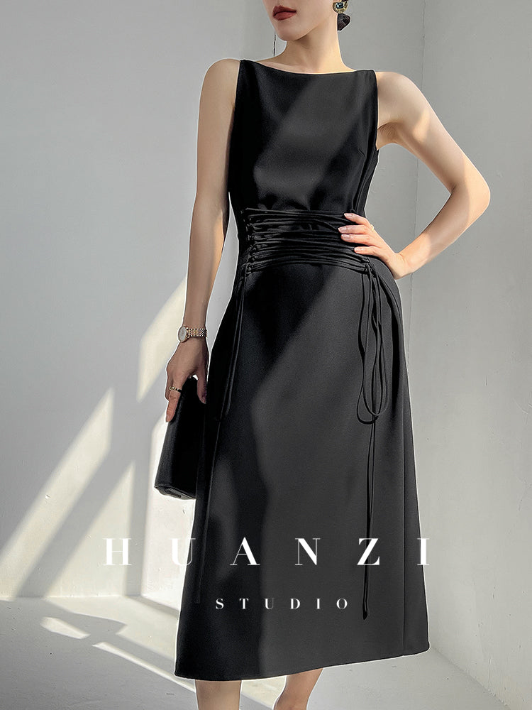 Huanzi French shoulders cinched waist women's summer Midi dress - Kendou