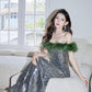 DOLLY Luxury Sliver Retro Style Green Feather Tube Top Long Glitter Party Dress-THEKLA