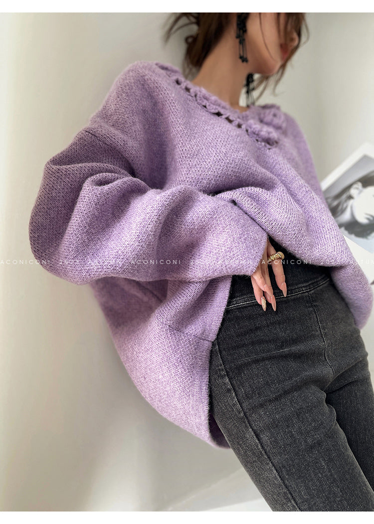 Aconiconi|Purple Flower Crochet openwork long cropped loose wool knit sweater  dress - Twilight