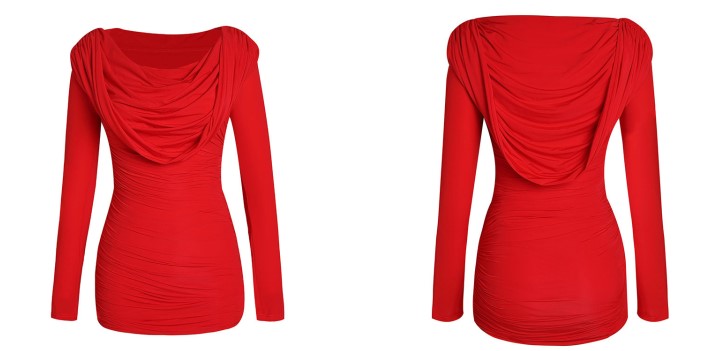 DOLLY Elegant Red Long Sleeve Hooded Slim Fit Hip Hug Short Part Dress-JUDY
