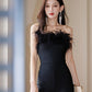 DOLLY High End Black Sleeveless Feather Tube Top Long Flared Pant Jumpsuit- Poel