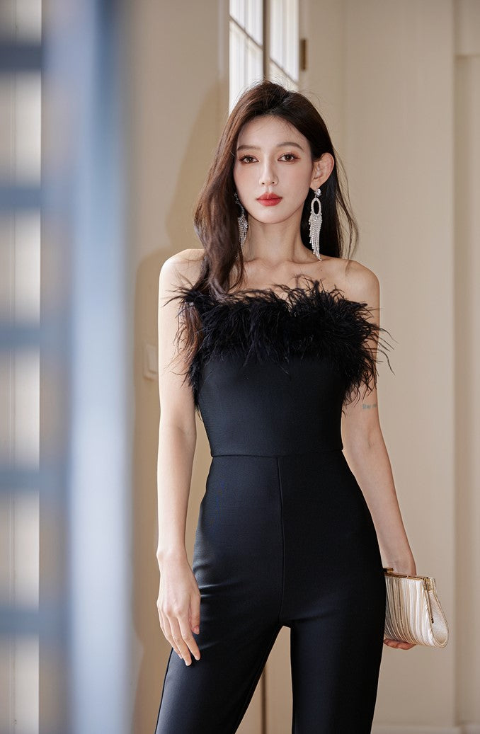 DOLLY High End Black Sleeveless Feather Tube Top Long Flared Pant Jumpsuit- Poel