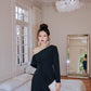 DOLLY Luxury Black Pleated One Shoulder Long Sleeve Irregular Midi Dress-RAIN