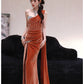 DOLLY Luxury Brown Velvet Greek Style Long Slit Banquet Dress-KARA