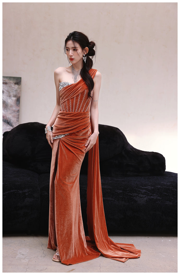 DOLLY Luxury Brown Velvet Greek Style Long Slit Banquet Dress-KARA