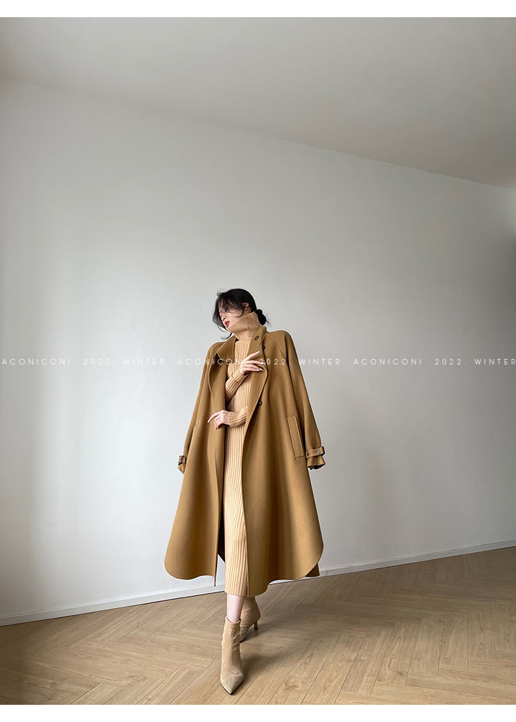 Aconiconi Autumn purple tan double-sided heavy wool cloak jacket long coat - Maple