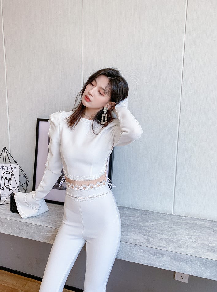 DOLLY Luxury Long Trumpet Sleeve Crop Top+ High Waist Long Flared Pants-LOLA